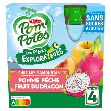 Compotes Gourdes Les P'tits Explorateurs Les Samourais Pomme Pêche Fruit du Dragon POM'POTES, 4x90g