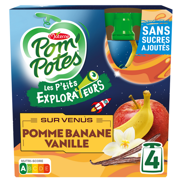 Compotes Gourdes Les P'tits Explorateurs Sur Venus Pomme Banane Vanille POM'POTES, 4x90g