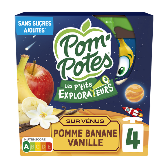 Dessert fruitier Gourdes Les P'tits Explorateurs Sur Venus Pomme Banane Vanille POM'POTES, 4x90g
