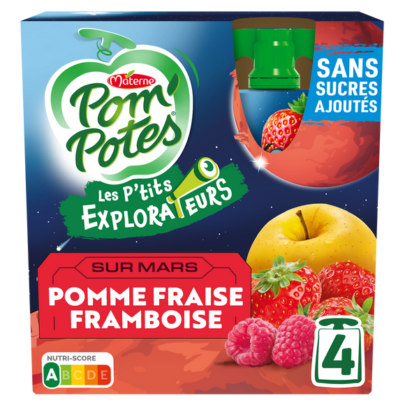 Compotes Gourdes Les P'tits Explorateurs Sur Mars Pomme Fraise Framboise POM'POTES, 4x90g
