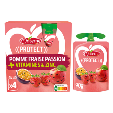 Compotes Gourdes Protect Pomme Fraise Passion + Vitamines & Zinc MATERNE, 4x90g