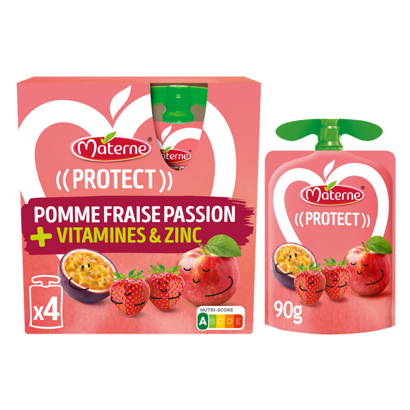 Compotes Gourdes Protect Pomme Fraise Passion + Vitamines & Zinc MATERNE, 4x90g