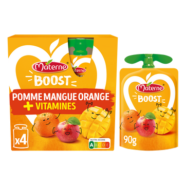 Compotes Gourdes Boost Pomme Mangue Orange + Multivitamines MATERNE, 4x90g