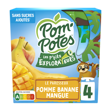 POM'POTES Les P'tits Explorateurs Le Paresseux pomme banane mangue, 4x90g, 360g