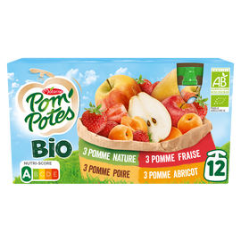 Compotes Gourdes BIO Pomme, Pomme Abricot, Pomme Poire, Pomme Fraise POM'POTES, 12x90g