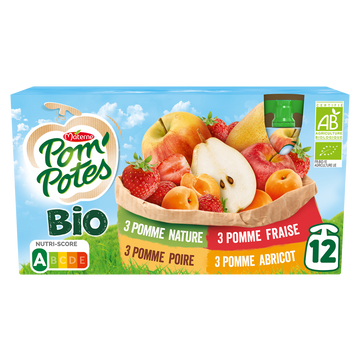 Compotes Gourdes BIO Pomme, Pomme Abricot, Pomme Poire, Pomme Fraise POM'POTES, 12x90g