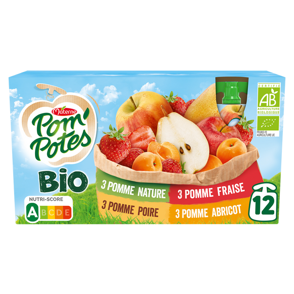 Compotes Gourdes BIO Pomme, Pomme Abricot, Pomme Poire, Pomme Fraise POM'POTES, 12x90g