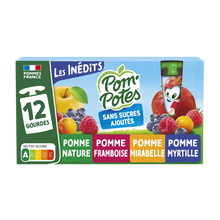 Dessert fruitier Gourdes Pomme, Pomme Framboise, Pomme Mirabelle, Pomme Myrtille Les Inédits POM'POTES, 12x90g