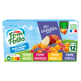 Compotes Gourdes Pomme, Pomme Framboise, Pomme Mirabelle, Pomme Myrtille Les Inédits POM'POTES, 12x90g