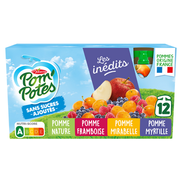 Compotes Gourdes Pomme, Pomme Framboise, Pomme Mirabelle, Pomme Myrtille Les Inédits POM'POTES, 12x90g