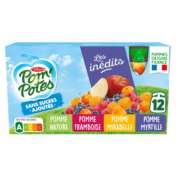 Compotes Gourdes Pomme, Pomme Framboise, Pomme Mirabelle, Pomme Myrtille Les Inédits POM'POTES, 12x90g