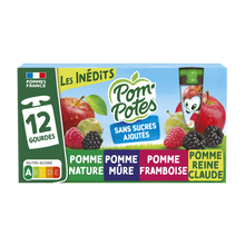 Dessert fruitier Gourdes Sans Sucres Ajoutés Pomme, Pomme Mûre, PommeFramboise, Pomme Reine Claude Les Inédits POM'POTES, 12x90g