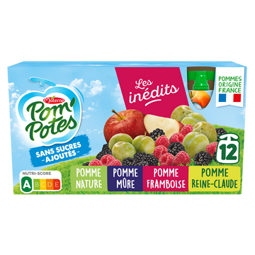 Compotes Gourdes Sans Sucres Ajoutés Pomme, Pomme Mûre, Pomme Framboise, Pomme Reine Claude Les Inédits POM'POTES, 12x90g