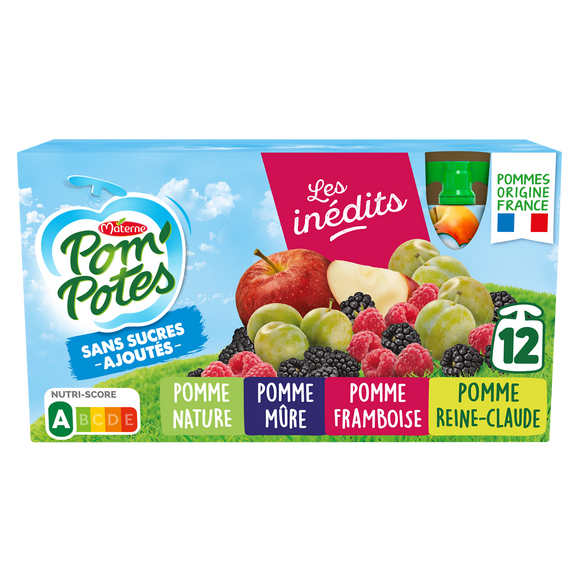 Compotes Gourdes Sans Sucres Ajoutés Pomme, Pomme Mûre, Pomme Framboise, Pomme Reine Claude Les Inédits POM'POTES, 12x90g