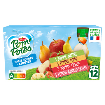 Compotes Gourdes Sans Sucres Ajoutés Pomme, Pomme Poire, Pomme Fraise,Pomme Banane POM'POTES, 12x90g