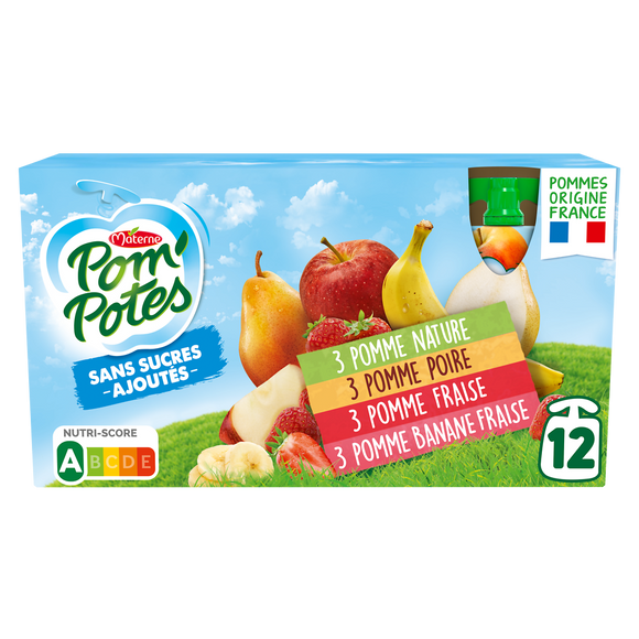 Compotes Gourdes Sans Sucres Ajoutés Pomme, Pomme Poire, Pomme Fraise,Pomme Banane POM'POTES, 12x90g