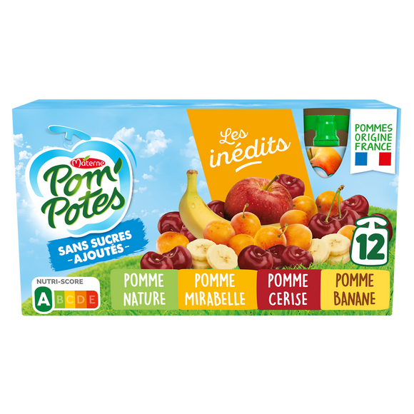 Compotes Gourdes Sans Sucres Ajoutés Pomme, Pomme Cerise, Pomme Mirabelle, Pomme Banane Les Inédits POM'POTES, 12x90g