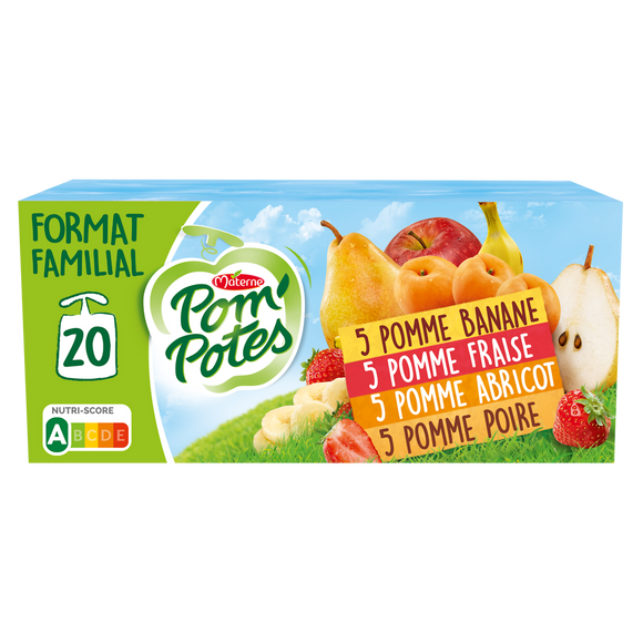 Compotes Gourdes Pomme Poire, Pomme Abricot, Pomme Fraise, Pomme Banane POM'POTES, 20x90g