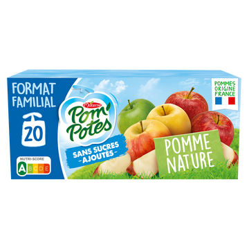Compotes Gourdes Sans Sucres Ajoutés Pomme Nature POM'POTES, 20x90g