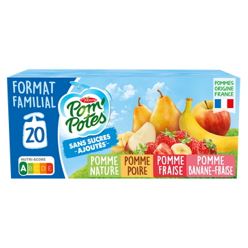 Compotes Gourdes Sans Sucres Ajoutés Pomme, Pomme Poire, Pomme Fraise,Pomme Banane Fraise POM'POTES, 20x90g