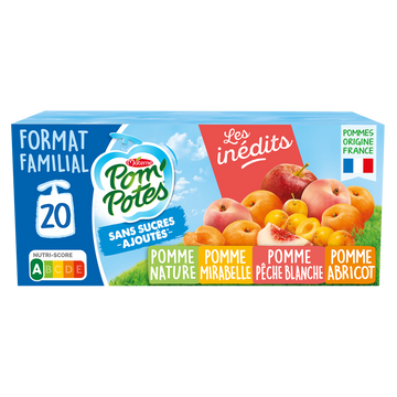 Compotes Gourdes Sans Sucres Ajoutés Pomme, Pomme Mirabelle, Pomme Abricot, Pomme Pêche Les Inédits POM'POTES, 20x90g