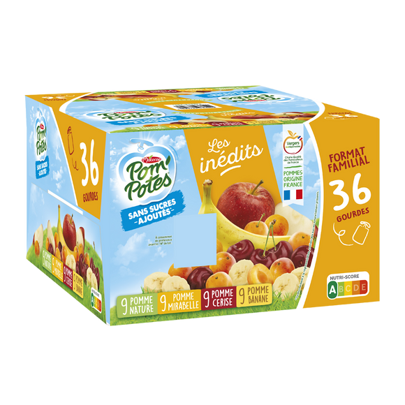 Dessert fruitier POM'POTES sans sucre ajoutés pomme x9/pomme mirabellex9/pomme cerisex9 /pomme banane x9 MATERNE (36x90g)