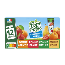 Dessert fruitier Gourdes Pomme, Pomme Fraise, Pomme Poire, Pomme Abricot POM'POTES, 12x90g