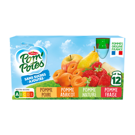 Compotes Gourdes Pomme, Pomme Fraise, Pomme Poire, Pomme Abricot POM'POTES, 12x90g