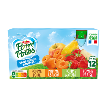 Compotes Gourdes Pomme, Pomme Fraise, Pomme Poire, Pomme Abricot POM'POTES, 12x90g