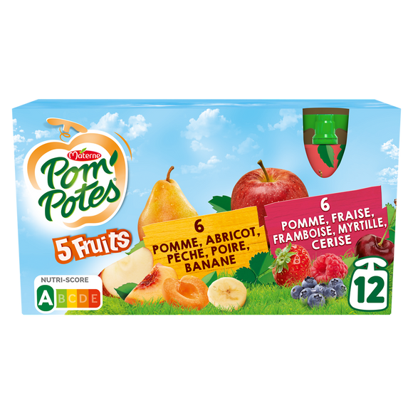 Compotes Gourdes 5 Fruits Rouges & Jaunes POM'POTES, 12x90g