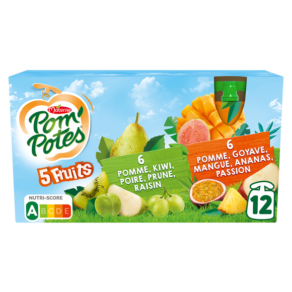 Compotes Gourdes 5 Fruits Exotiques & Verts POM'POTES, 12x90g