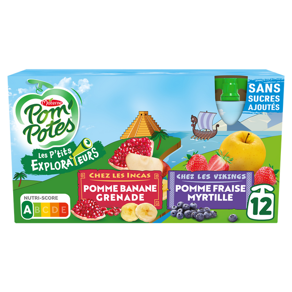 Compotes Gourdes Les P'tits Explorateurs Les Incas & Les Vikings POM'POTES, 12x90g