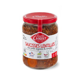 Saucisses aux lentilles pur porc français CHARLES CHRIST, pot en verrede 820g