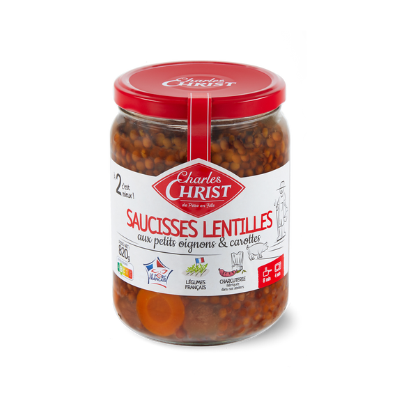 Saucisses aux lentilles pur porc français CHARLES CHRIST, pot en verrede 820g