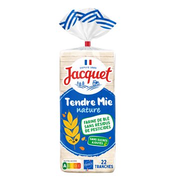 Pain de mie sans croûte sans sucre ajouté nature JACQUET, 22 tranchessoit 475g