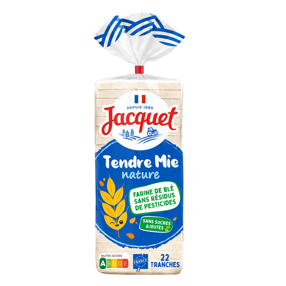 Pain de mie sans croûte sans sucre ajouté nature JACQUET, 22 tranchessoit 475g