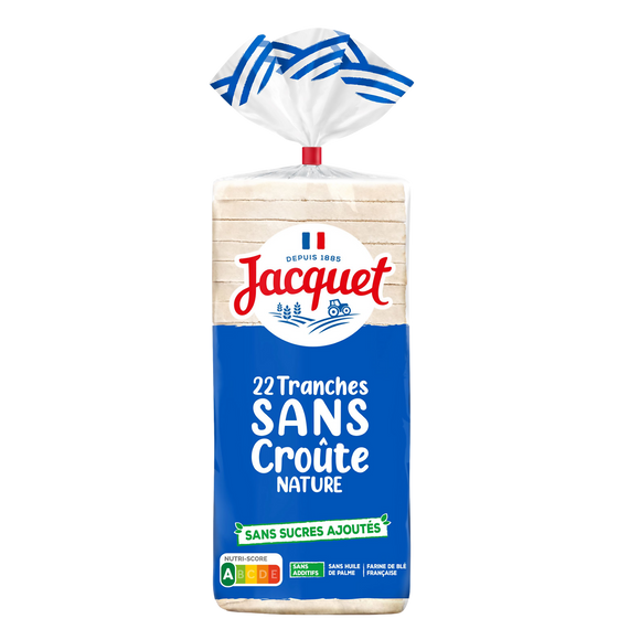 Pain de mie sans croûte sans sucre ajouté nature JACQUET, 22 tranchessoit 475g