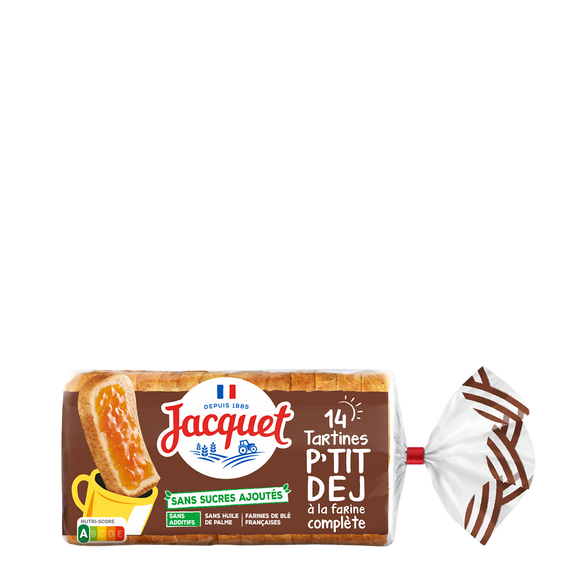 Pain de mie Tartine P'tit Déj(r) farine Complète Sans Sucres Ajoutés JACQUET  - x14 - 410g