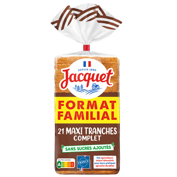 Pain de mie Maxi Tranches Complet JACQUET Sans Sucres Ajoutés 825G