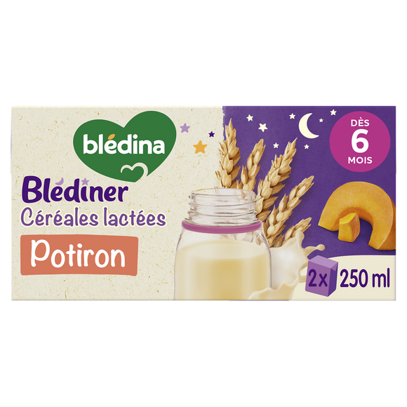 BLEDINA BLEDINER - Lait et céréales bébé soir aux légumes potiron, de6à 12 mois - 2x250ml - Petits pots bébé