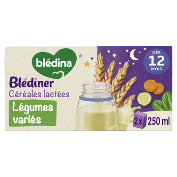 BLEDINA BLEDINER - Lait et céréales bébé soir aux légumes, dès 12 mois- 2x250ml