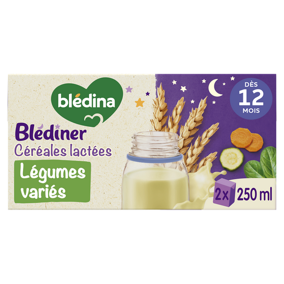 BLEDINA BLEDINER - Lait et céréales bébé soir aux légumes, dès 12 mois- 2x250ml