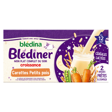 Lait et céréales bébé soir aux carottes petits pois dès 12 mois BLEDINER BLEDINA 2x250g