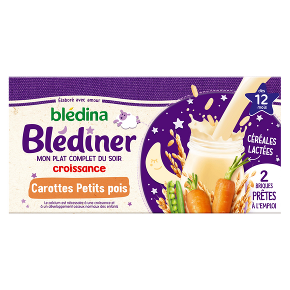 Lait et céréales bébé soir aux carottes petits pois dès 12 mois BLEDINER BLEDINA 2x250g