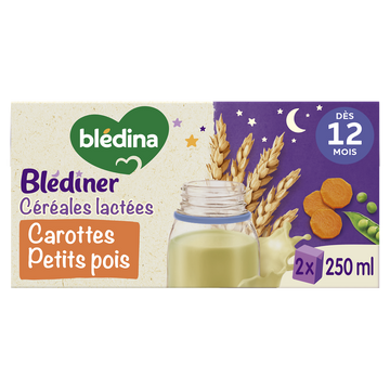 BLEDINA BLEDINER - Lait et céréales bébé soir aux carottes petits pois, dès 12 mois - 2x250ml