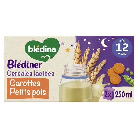 BLEDINA BLEDINER - Lait et céréales bébé soir aux carottes petits pois, dès 12 mois - 2x250ml