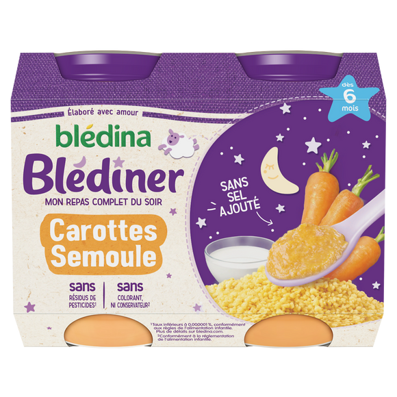 Petits pots bébé soir carottes semoule dès 6 mois BLEDINER BLEDINA 2x200g