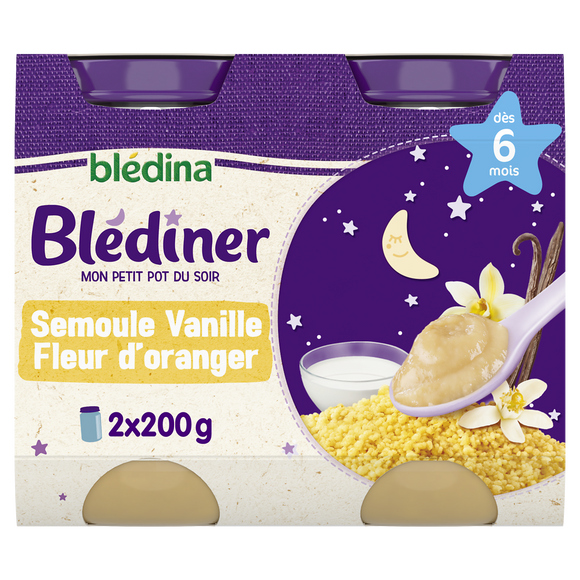 Petits pots bébé soir semoule vanille fleur d'oranger dès 6 mois BLEDINER BLEDINA 2x200g