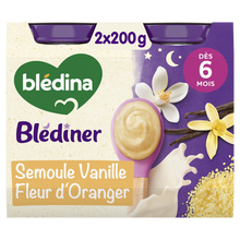 BLEDINA BLEDINER - Plat bébé du soir Semoule vanille fleur d'oranger,de 6 à 12 mois - 2x200g - Petits pots bébé