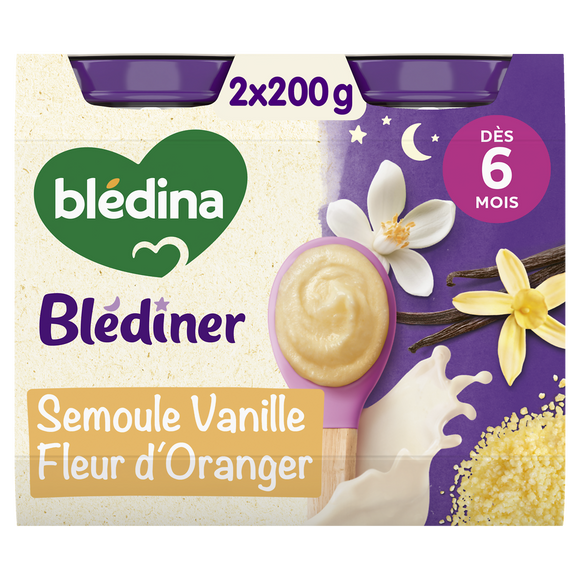BLEDINA BLEDINER - Plat bébé du soir Semoule vanille fleur d'oranger,de 6 à 12 mois - 2x200g - Petits pots bébé